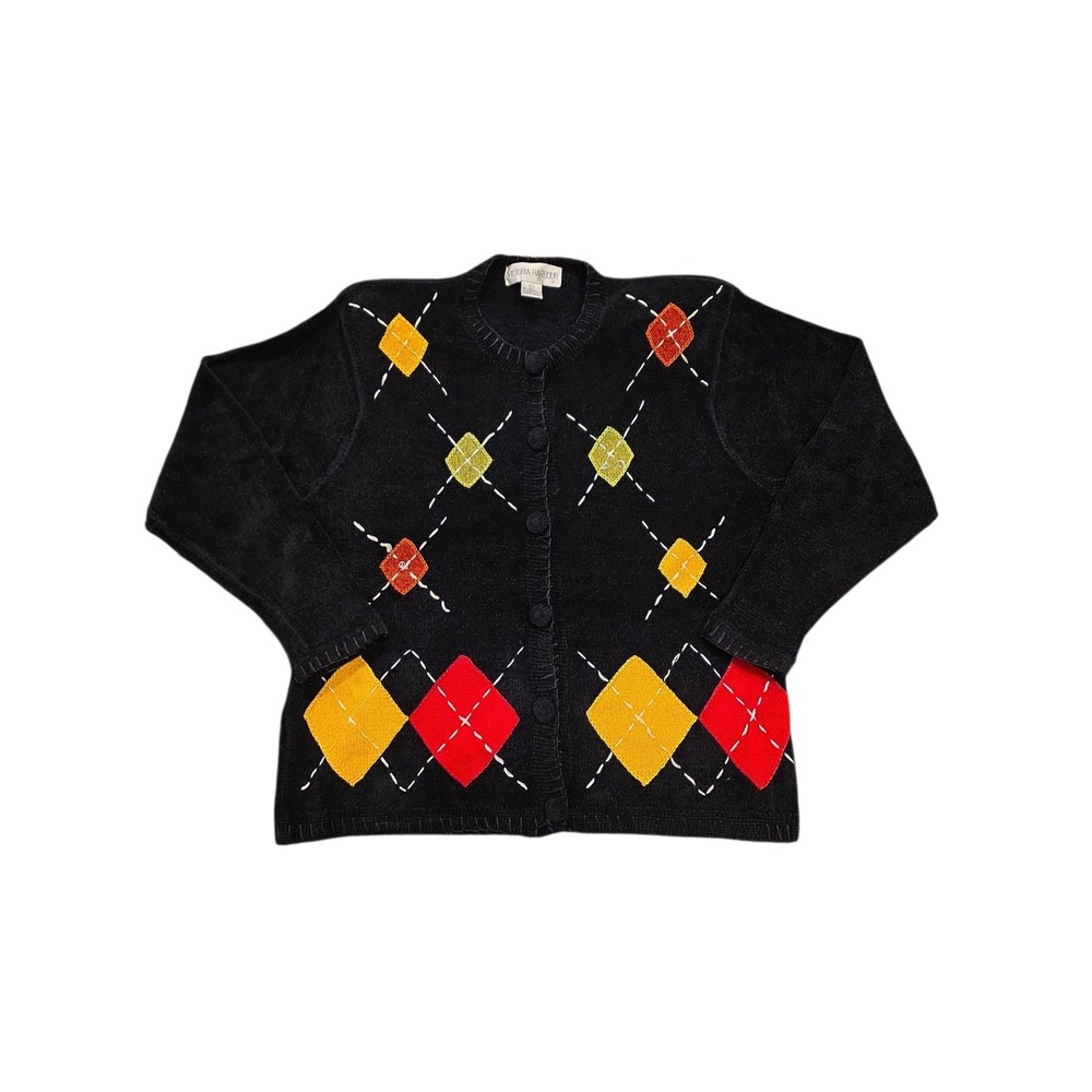 Victoria Harbour Argyle Applique Cardigan Sweater L Black Button Front Y2K